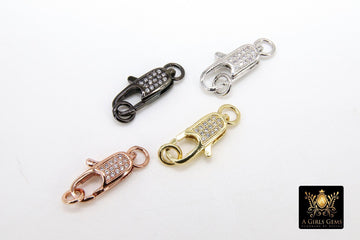 Small CZ Lobster Clasp, Gold Double Sided Tiny Claw #29, 7 x 15 mm Micro Pave Cubic Zirconia for DIY Rosary Bracelet Necklace